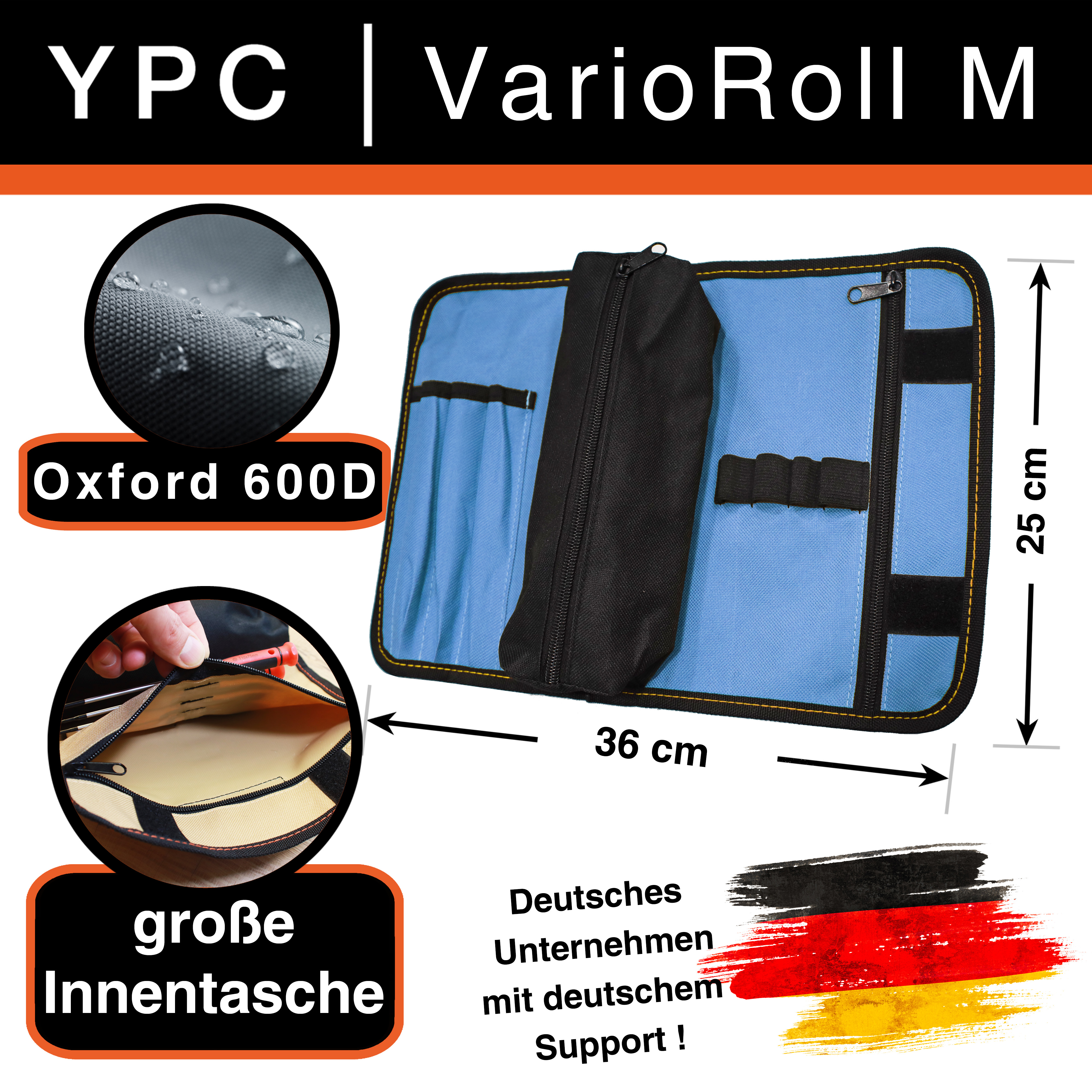 "VarioRoll M" Werkzeug Rolltasche 36x25cm, Zipper-Tasche, 4 Steckfächer, 4 Halteschlaufen, Blau-Schwarz