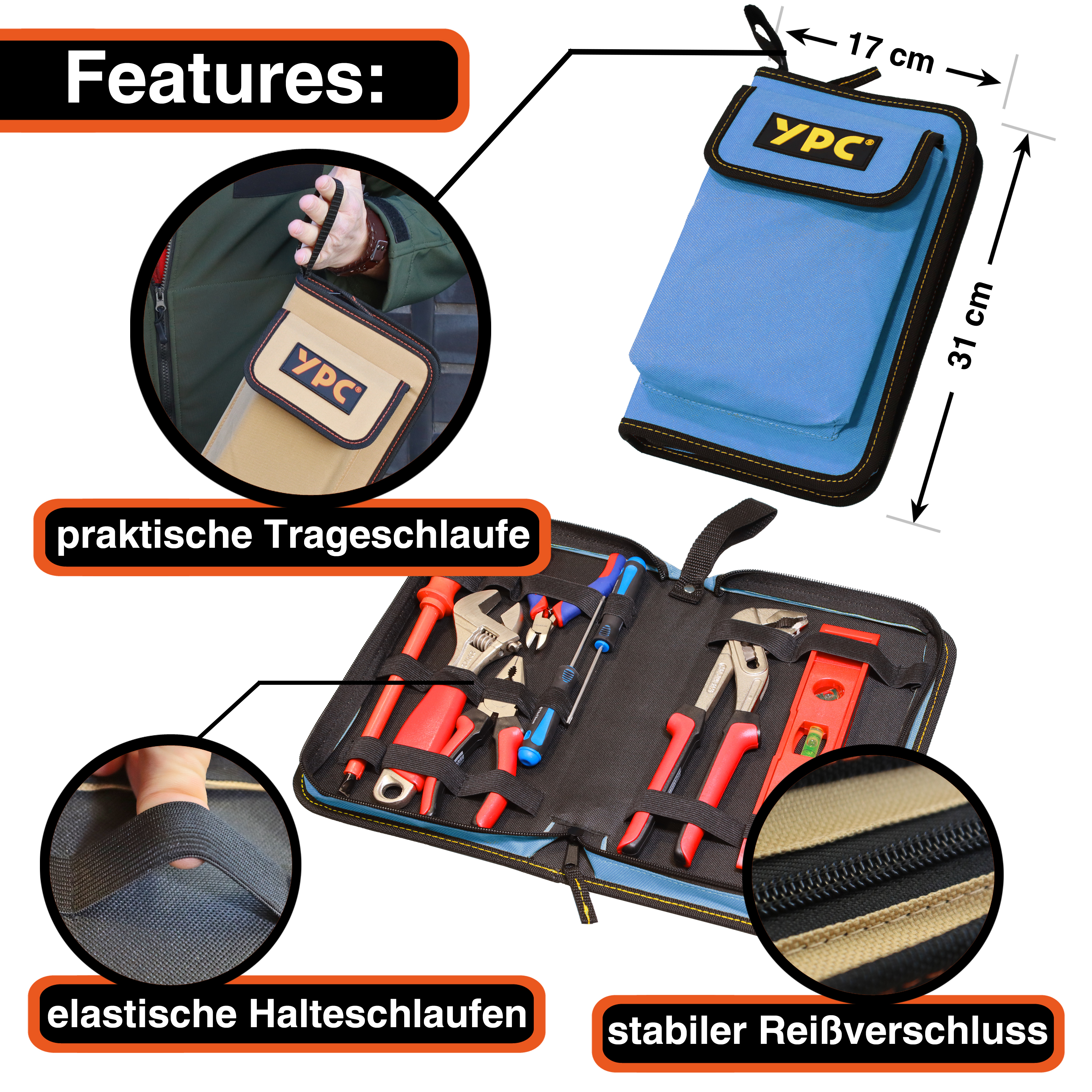 "ZipCaddy L" tool organizer 31x17x5cm, with outer pocket and 17 straps, blue-black