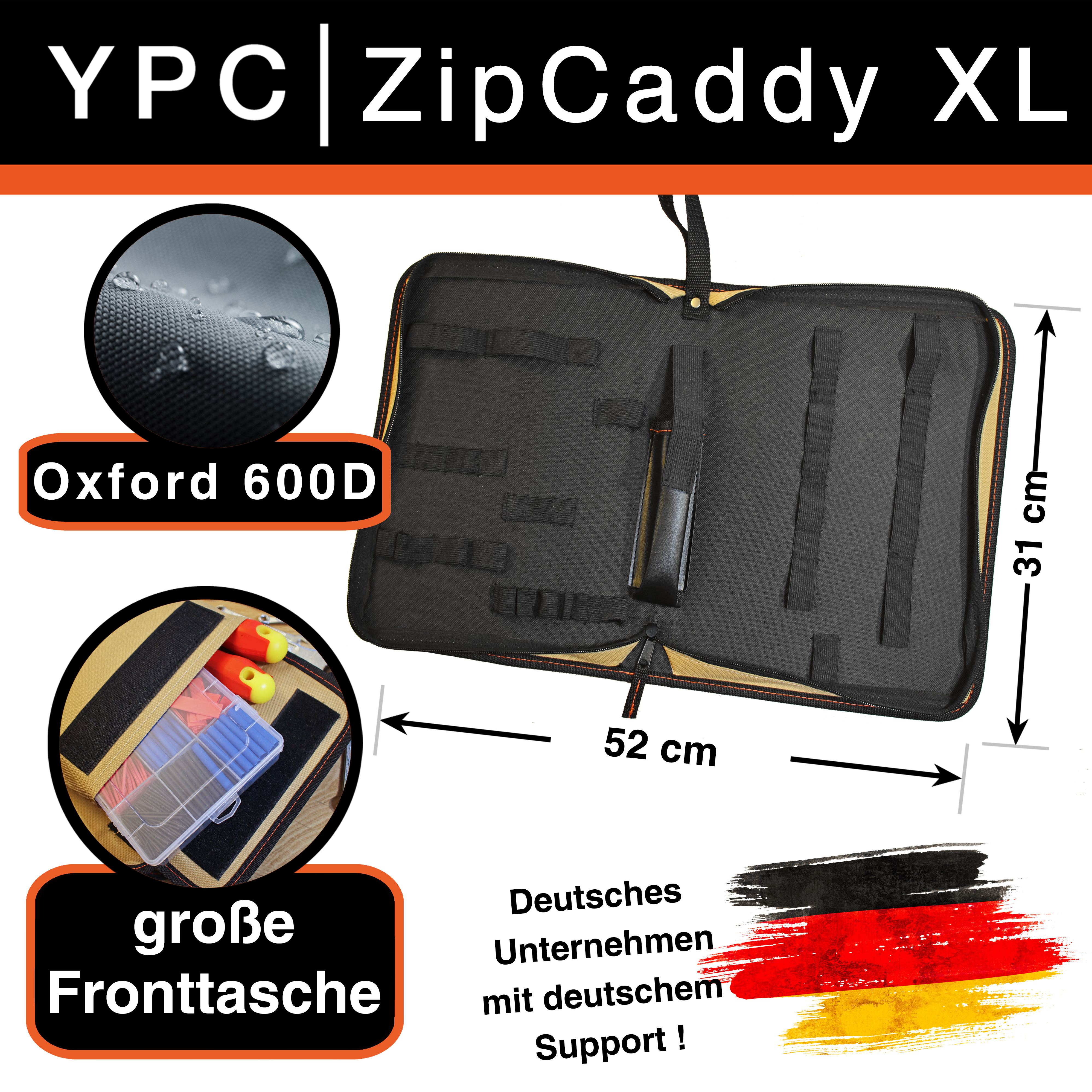 "ZipCaddy XL" Werkzeug Organizer 31x23x5cm, mit Außentasche und 34 Halteschlaufen, Sand-Schwarz