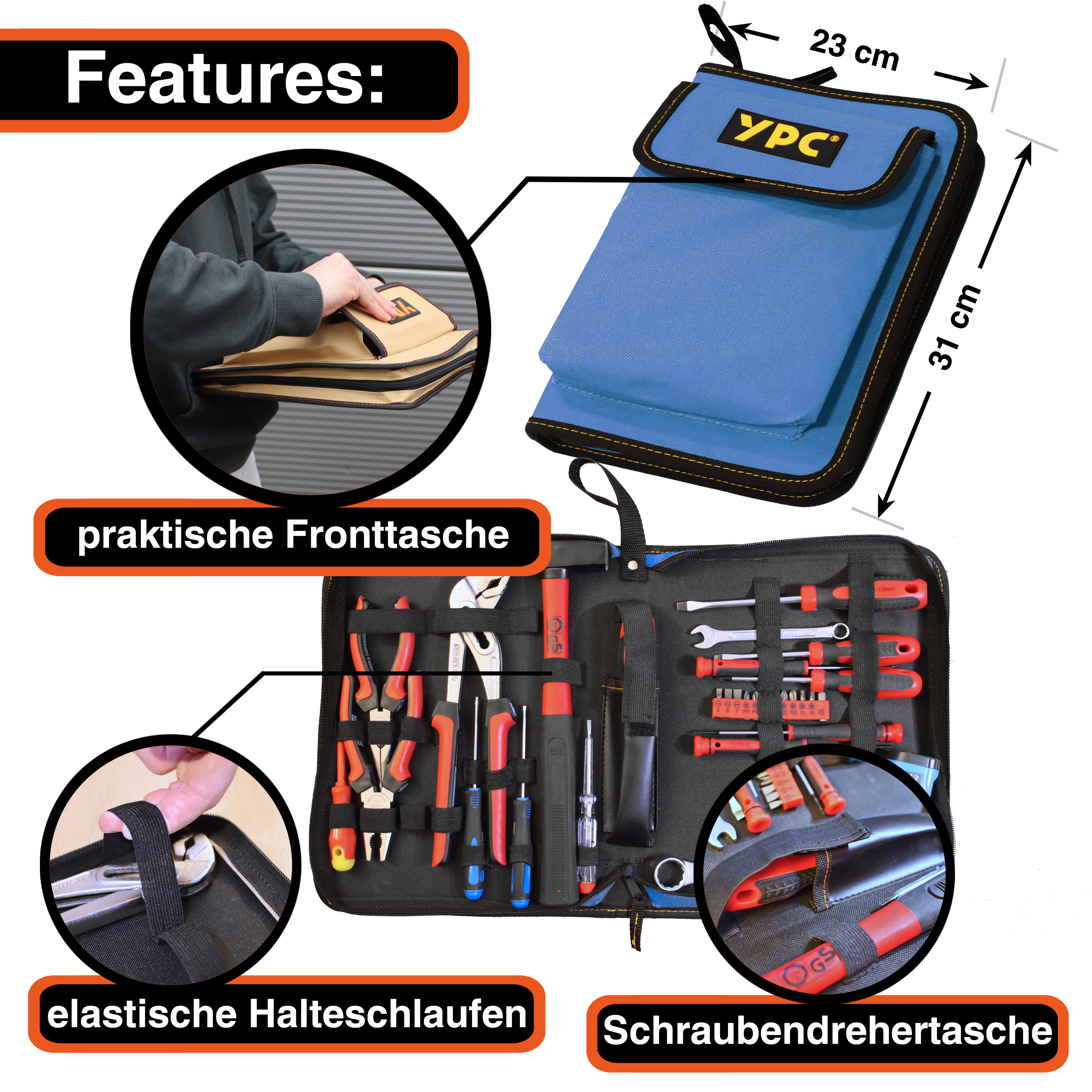 "ZipCaddy XL" Werkzeug Organizer 31x23x5cm, mit Außentasche und 34 Halteschlaufen, Blau-Schwarz