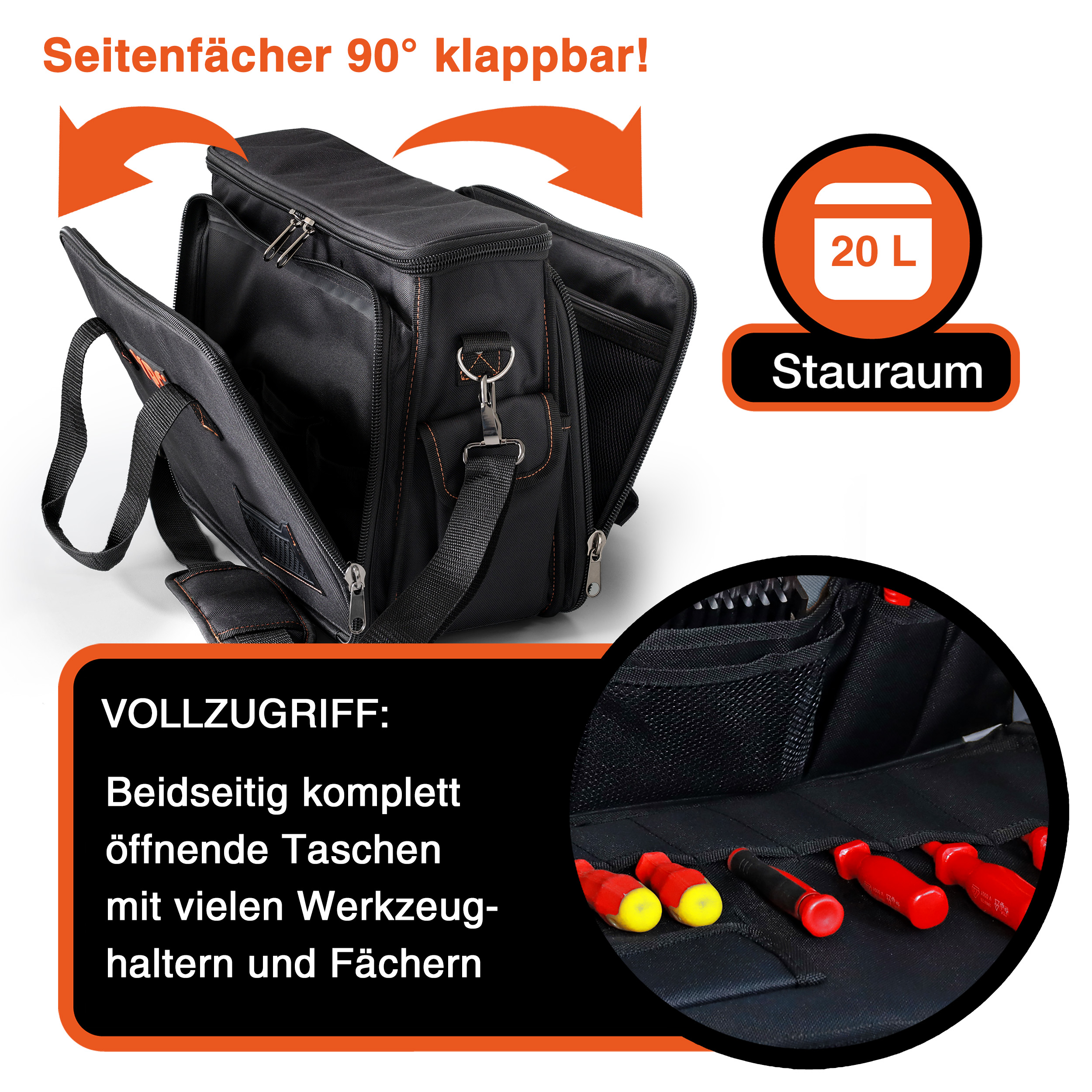 "Operator" Werkzeugtasche XL, Schwarz, 40x32x20cm, 20 kg Tragkraft