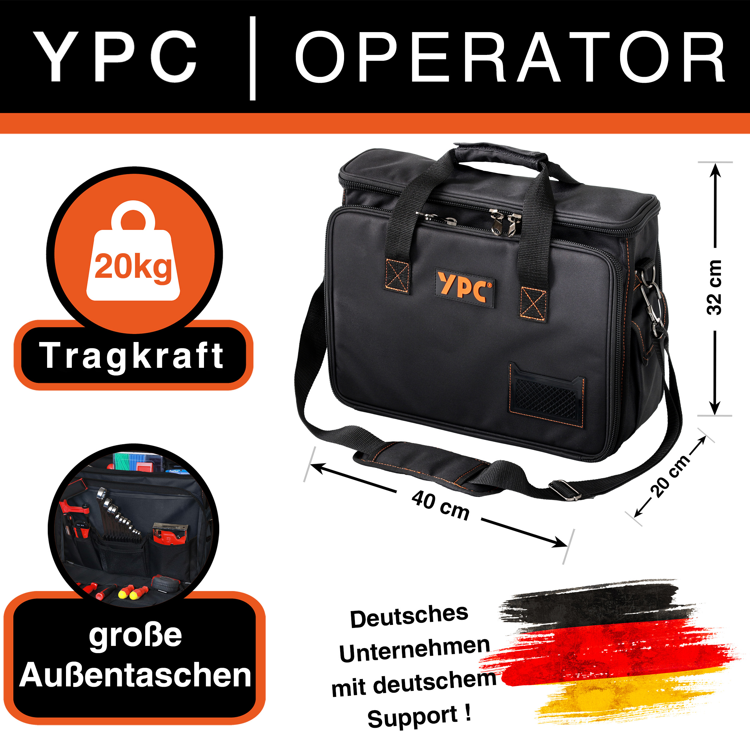 "Operator" Werkzeugtasche XL, Schwarz, 40x32x20cm, 20 kg Tragkraft