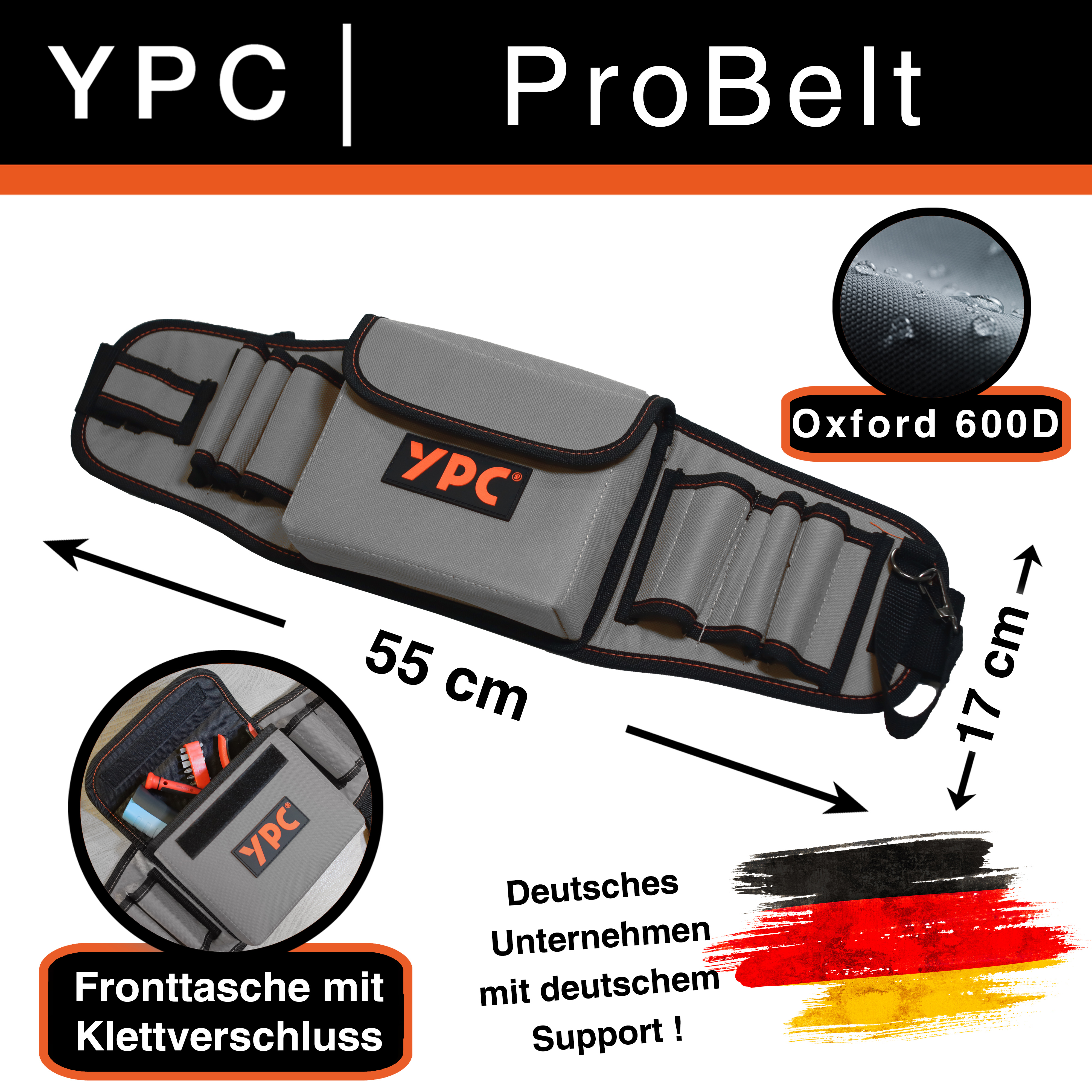 "ProBelt" Werkzeuggürtel 58x16cm, 130cm gesamt, mit Tasche und 8 Halteschlaufen, Grau-Schwarz