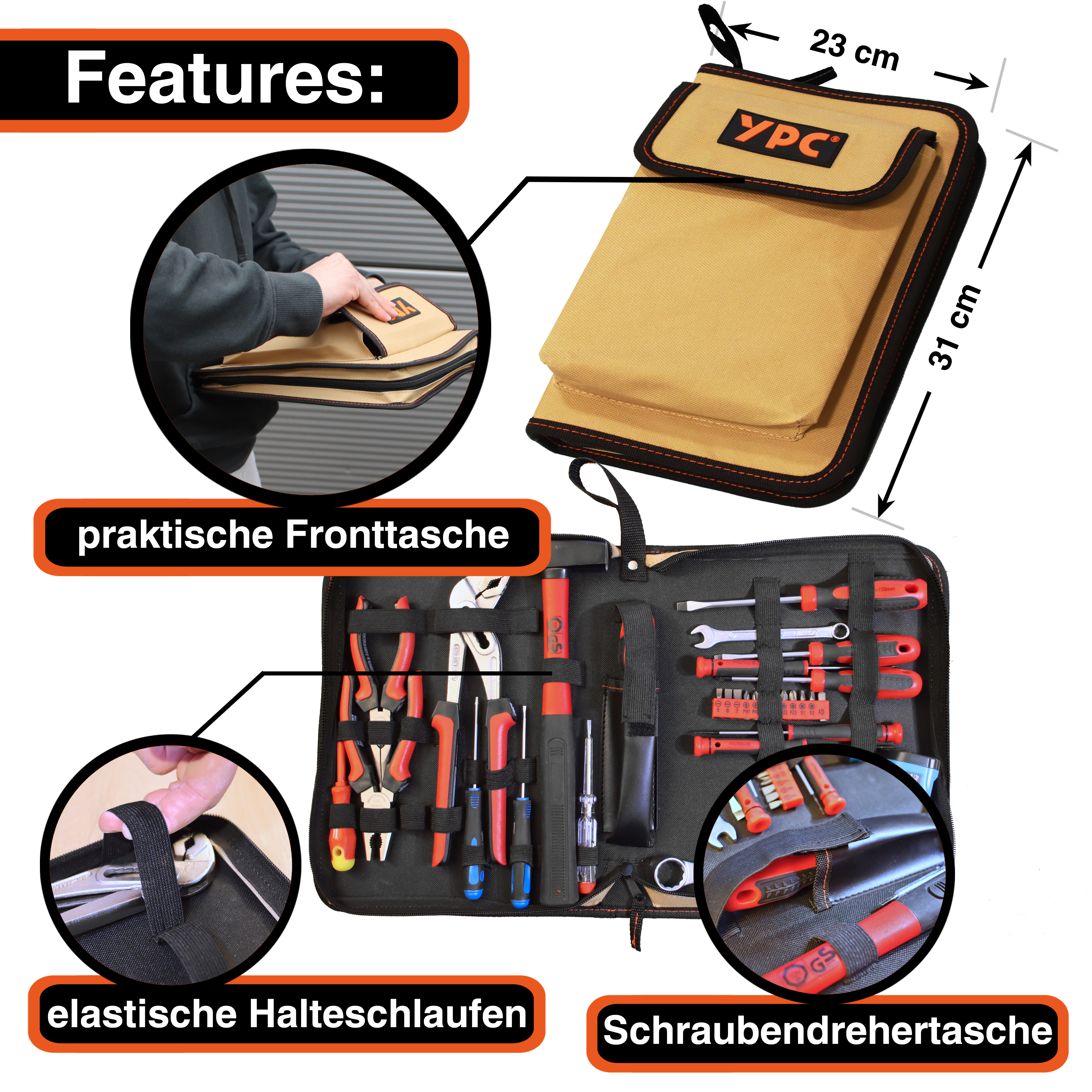 "ZipCaddy XL" Werkzeug Organizer 31x23x5cm, mit Außentasche und 34 Halteschlaufen, Sand-Schwarz