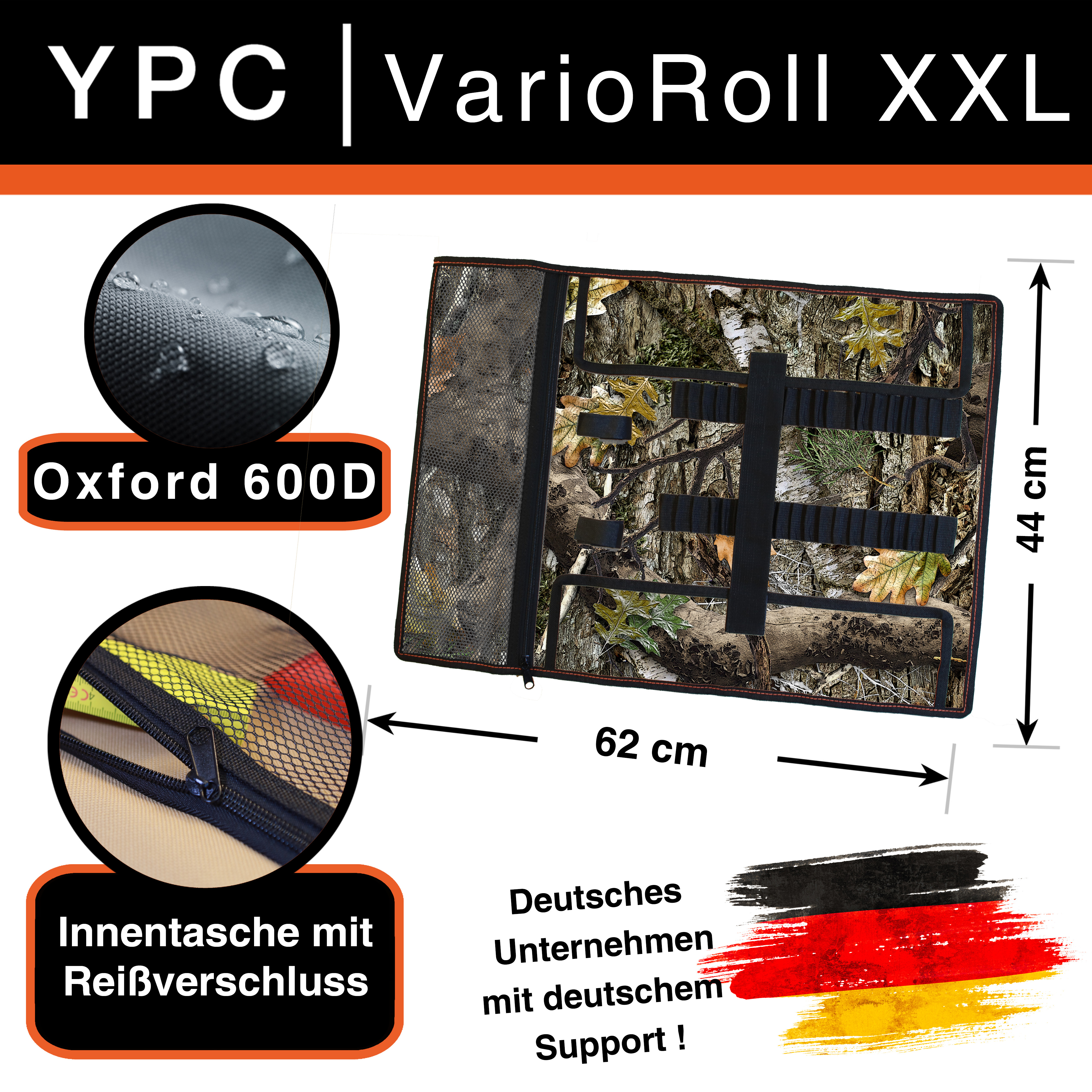 "VarioRoll XXL" Werkzeug Rolltasche 62x44cm, Netztasche und 60 Halteschlaufen, Camouflage-Schwarz