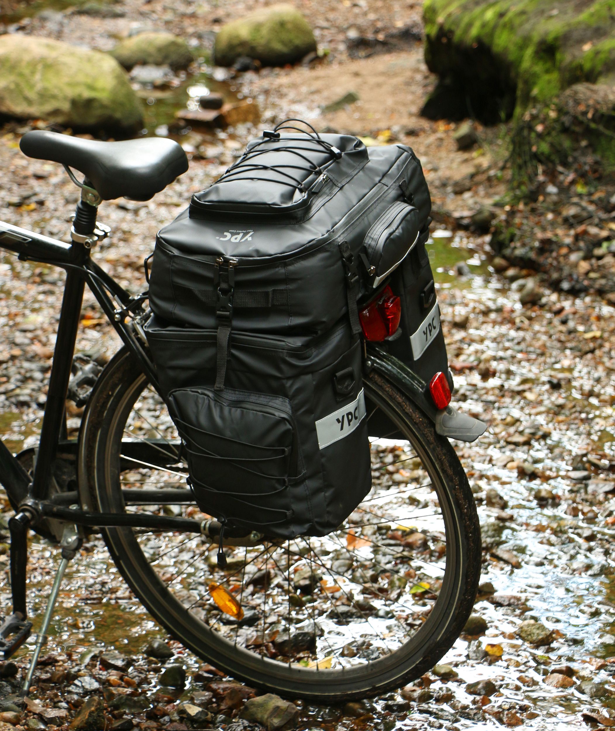 "Voyager" 3 in 1 Fahrradtasche für Gepäckträger XXL, 65L, wasserdicht, 55x50x40cm, Schwarz