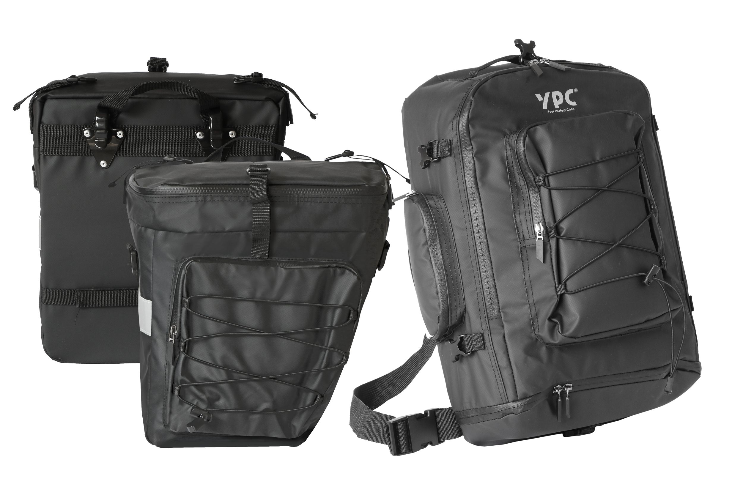 "Voyager" 3 in 1 bicycle pannier bag for rear rack XXL, 65L, waterproof, 1x backpack and 2x shoulder bag with strap and handle, side bags with hooks, 55x50x40cm, black