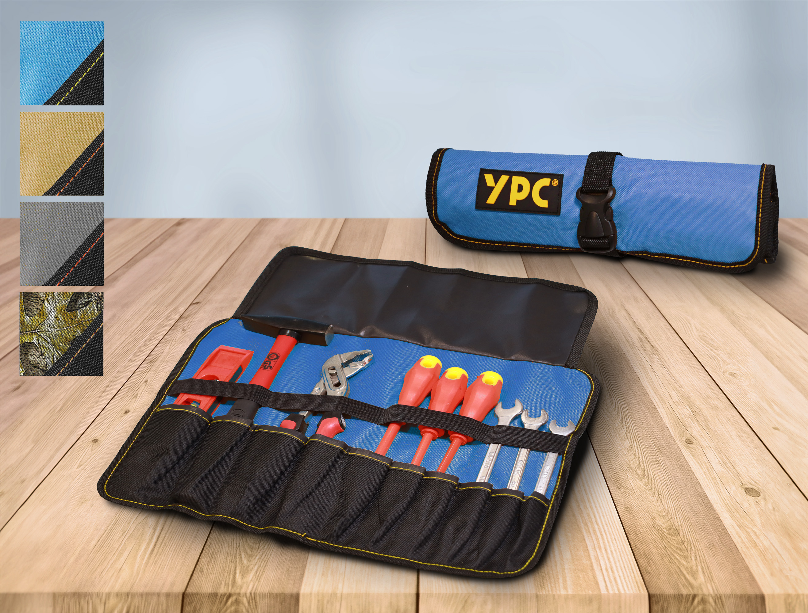 "VarioRoll L" tool roll bag 45x32cm, 10 pockets and 4 straps, blue-black