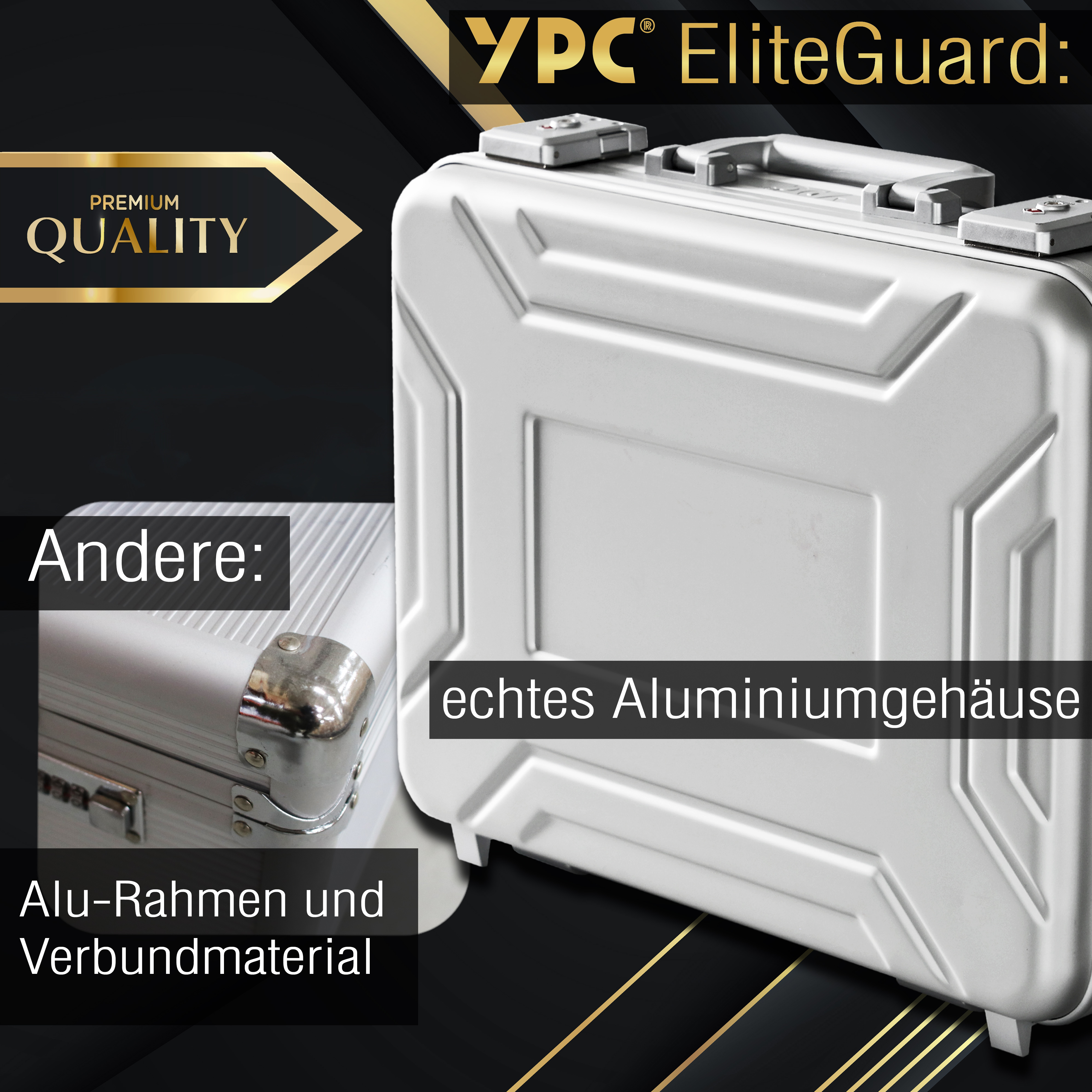 "EliteGuard" Voll-Aluminiumkoffer 420x350x115mm  mit Würfelschaumeinlage und Dokumentenhalter, Silber