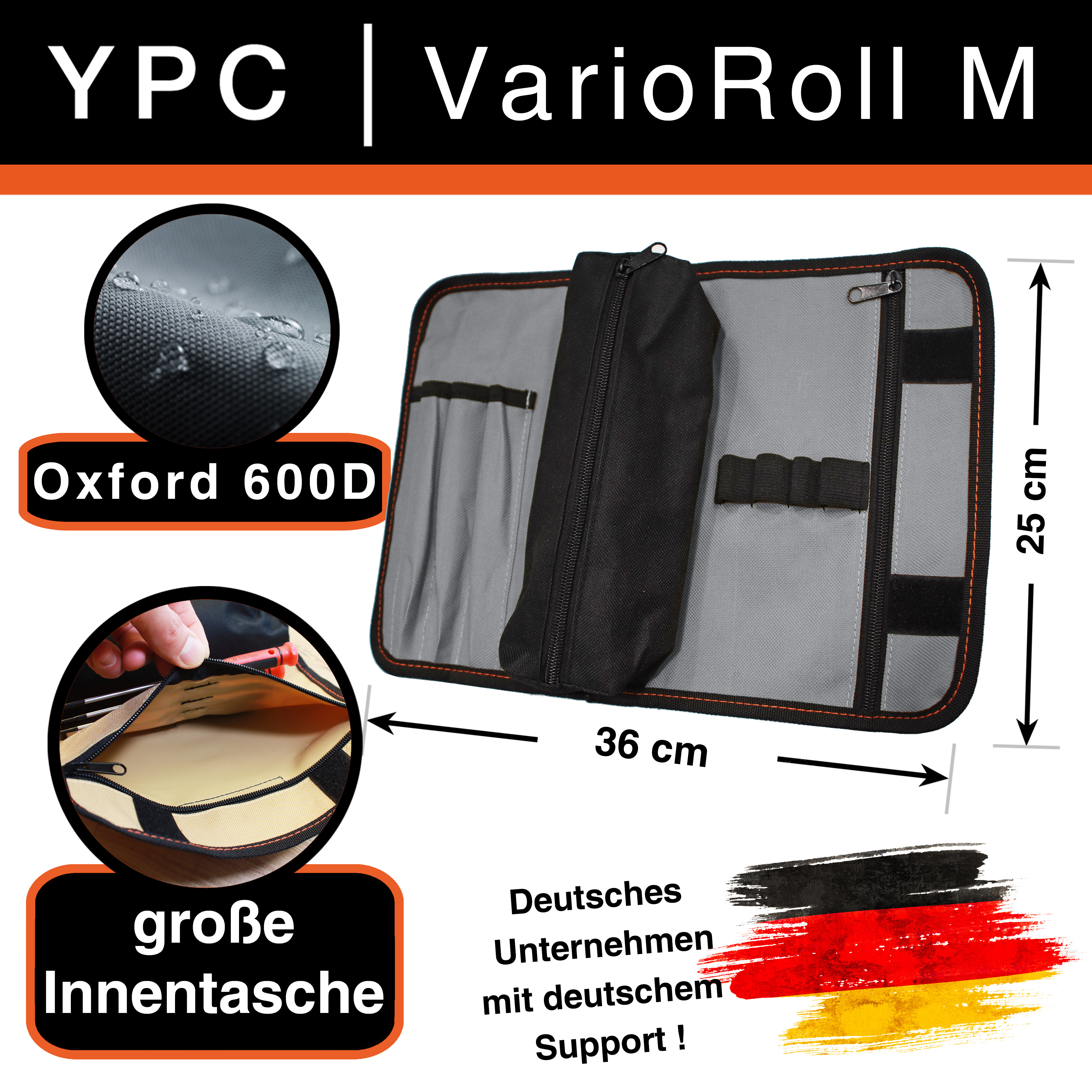 "VarioRoll M" Werkzeug Rolltasche 36x25cm, Zipper-Tasche, 4 Steckfächer, 4 Halteschlaufen, Grau-Schwarz