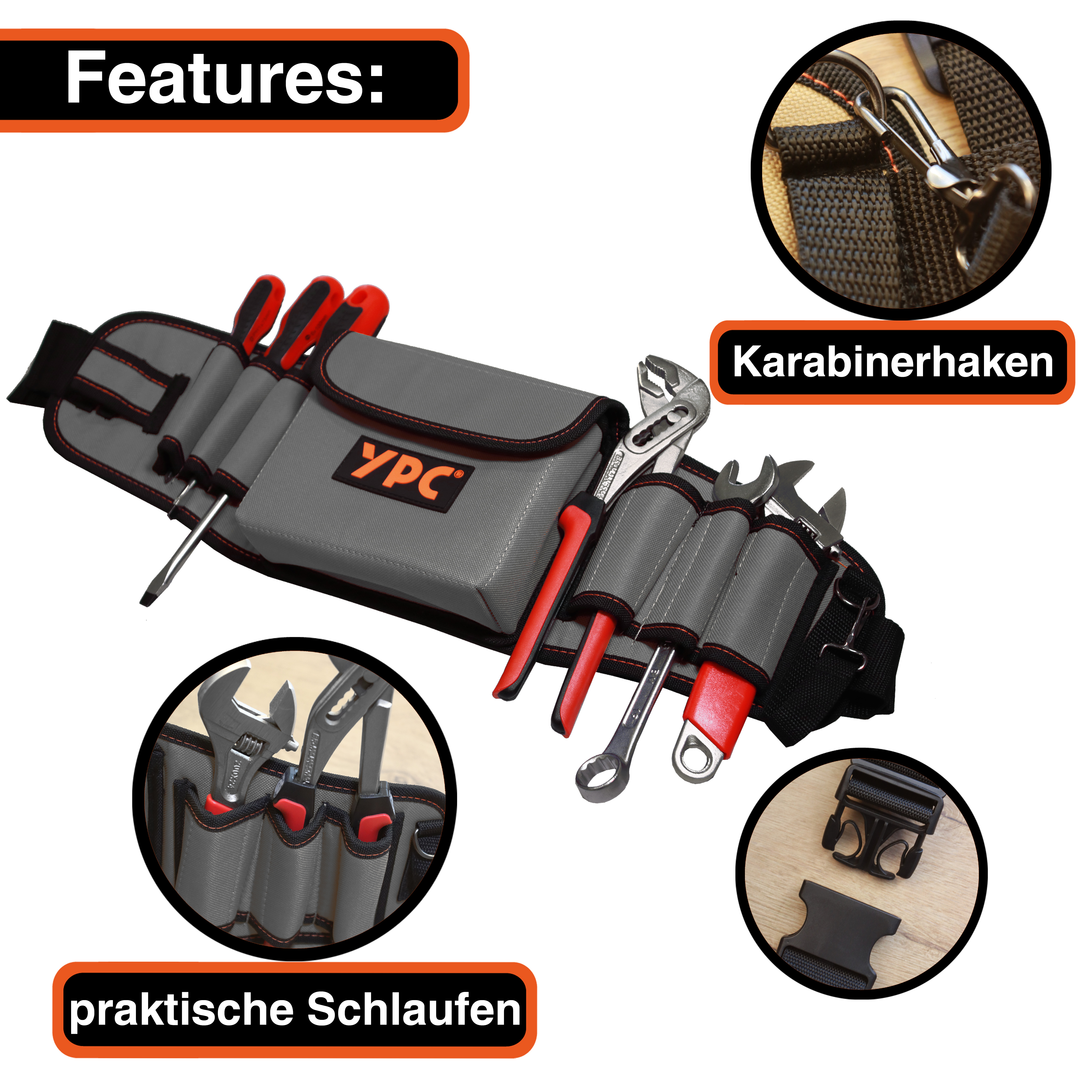 "ProBelt" tool belt 58x16cm, 130cm total, with pocket and 8 holding loops, grey-black