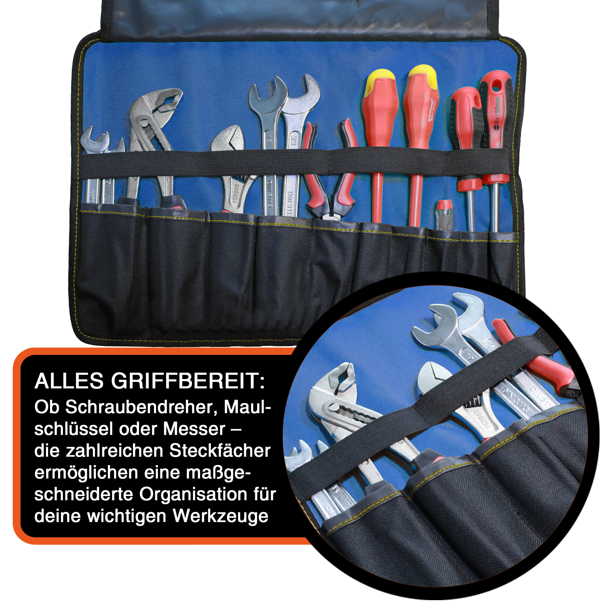 "VarioRoll L" Werkzeug Rolltasche 45x32cm, 10 Steckfächer und 4 Halteschlaufen, Blau-Schwarz