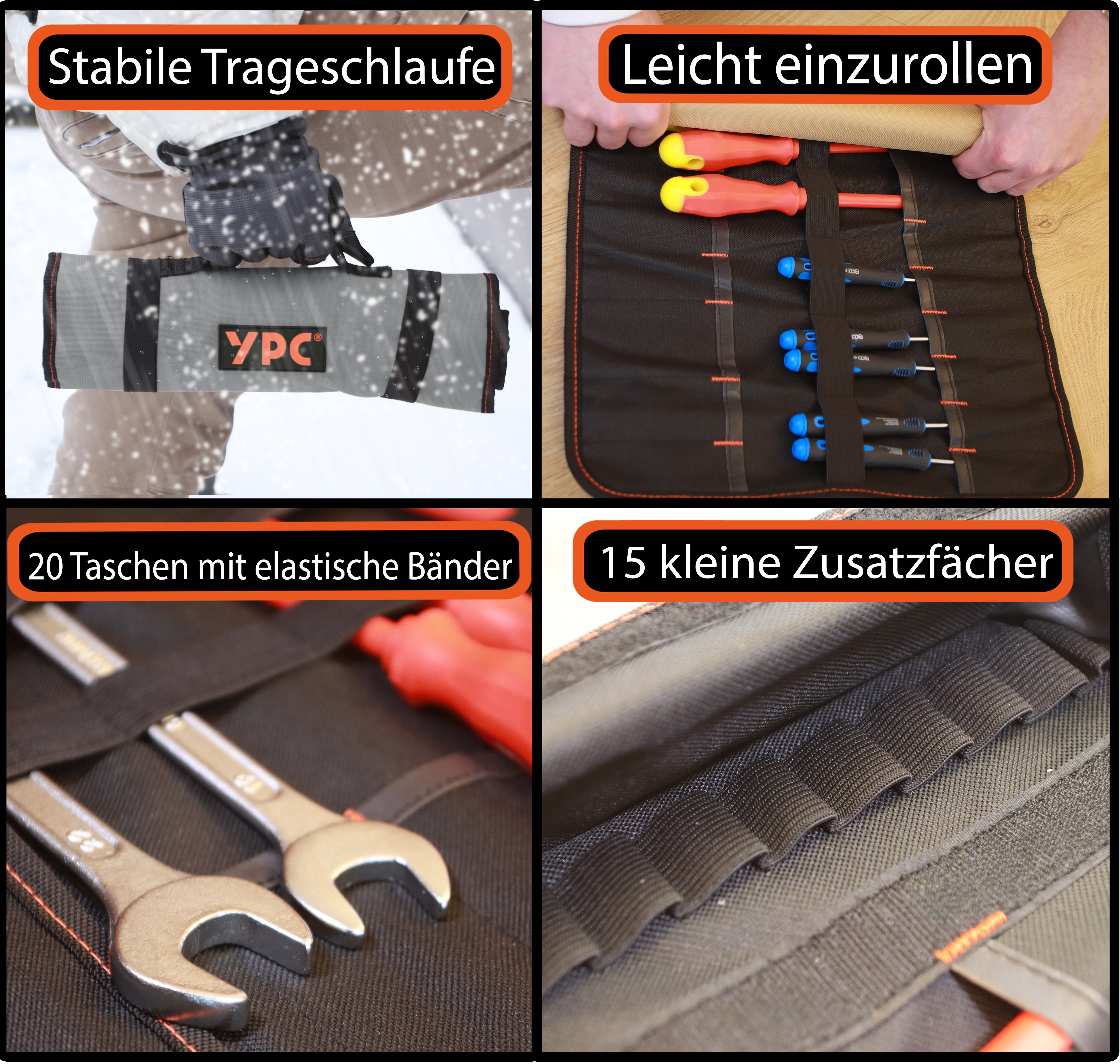 "VarioRoll XL" Werkzeug Rolltasche 56x34cm, 20 Steckfächer und 15 Halteschlaufen, Grau-Schwarz