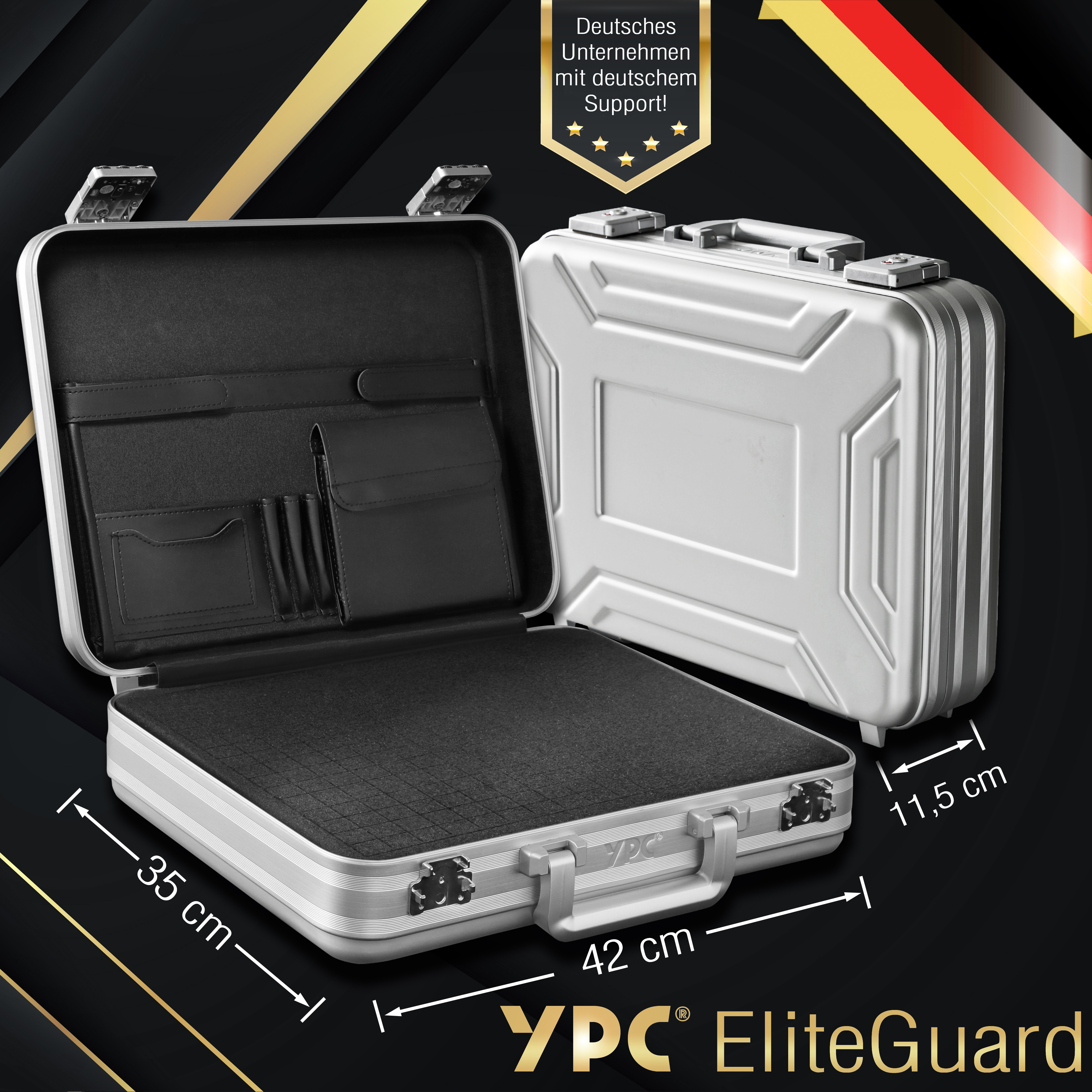 "EliteGuard" Voll-Aluminiumkoffer 420x350x115mm  mit Würfelschaumeinlage und Dokumentenhalter, Silber