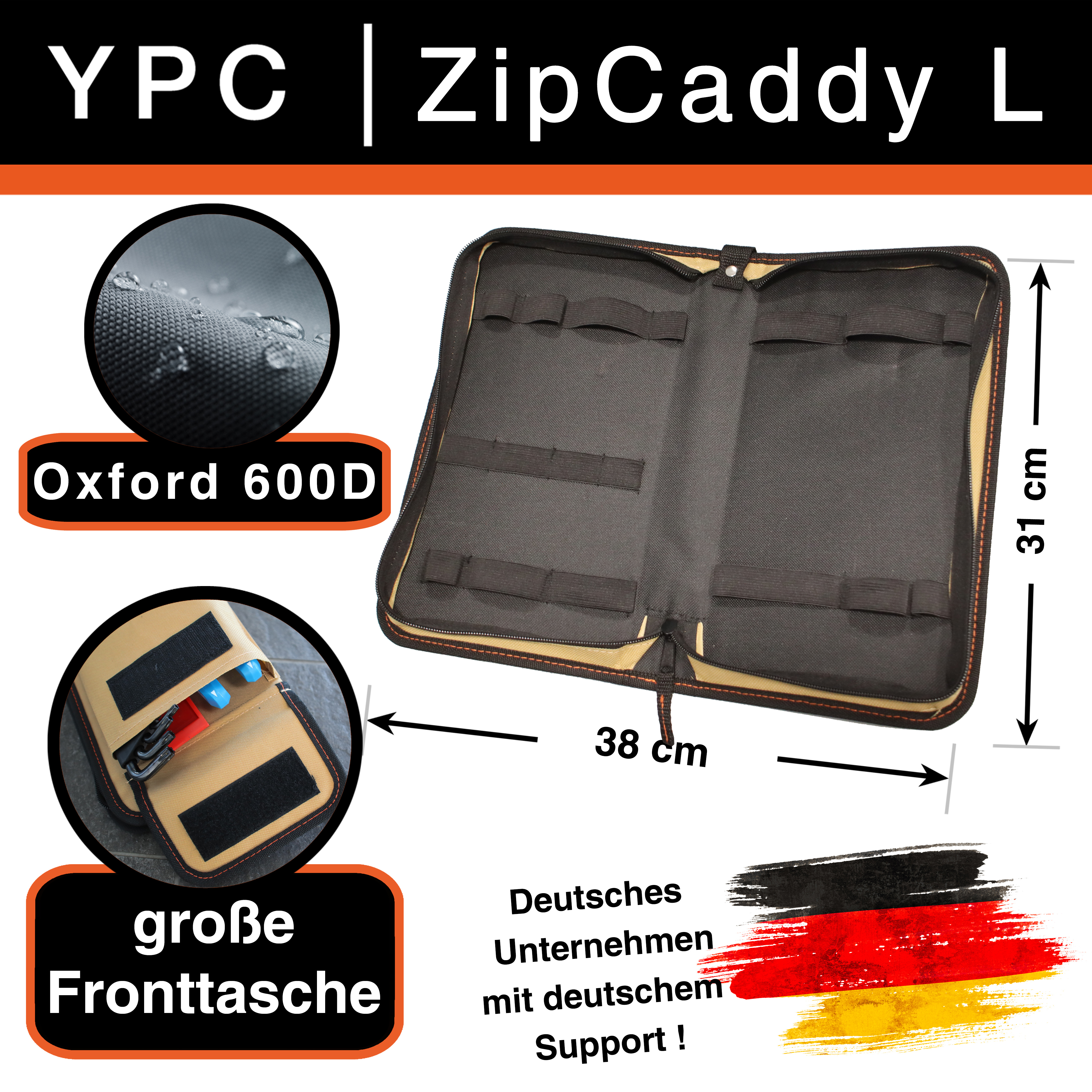 "ZipCaddy L" Werkzeug Organizer 31x17x5cm, mit Außentasche und 17 Halteschlaufen, Sand-Schwarz