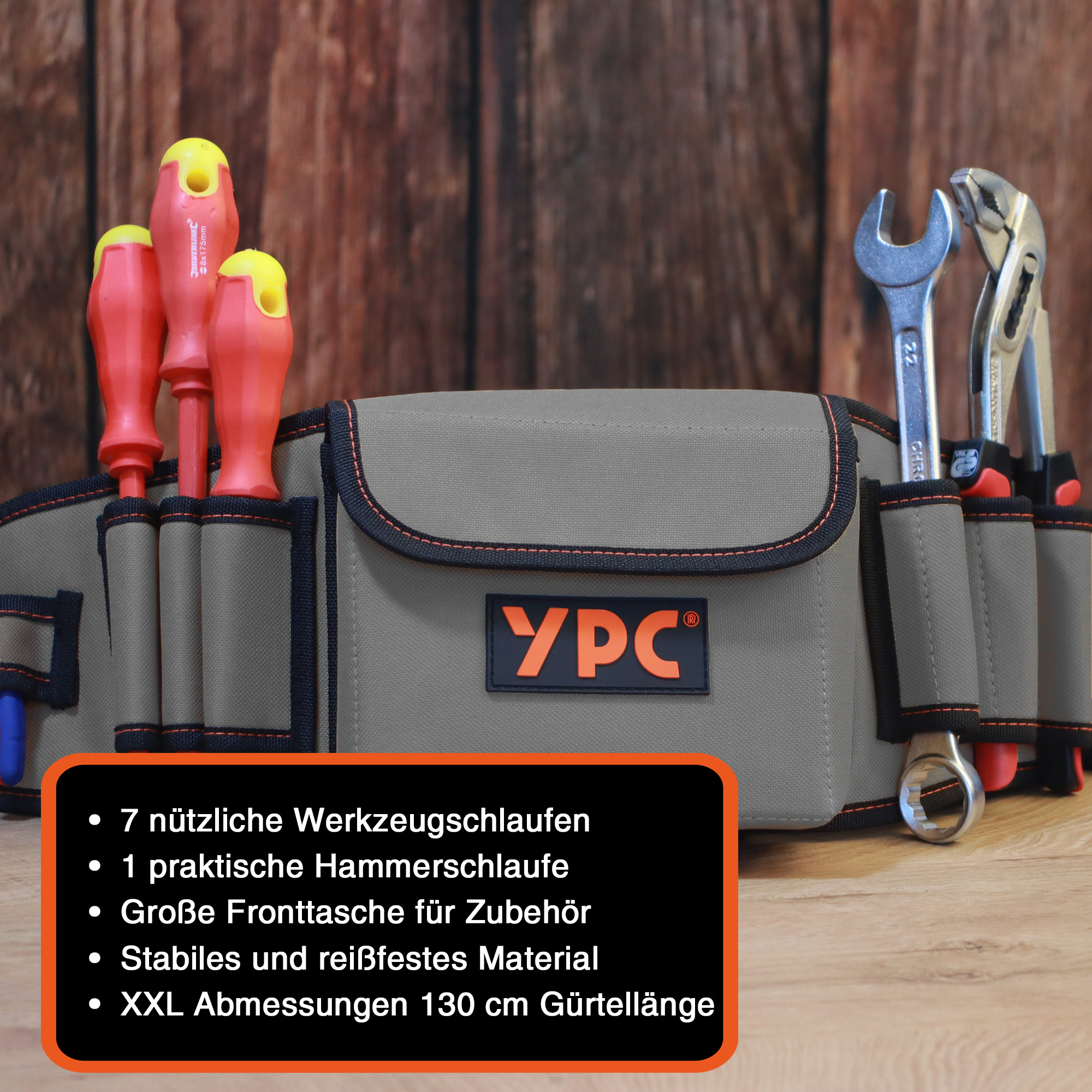 "ProBelt" Werkzeuggürtel 58x16cm, 130cm gesamt, mit Tasche und 8 Halteschlaufen, Grau-Schwarz