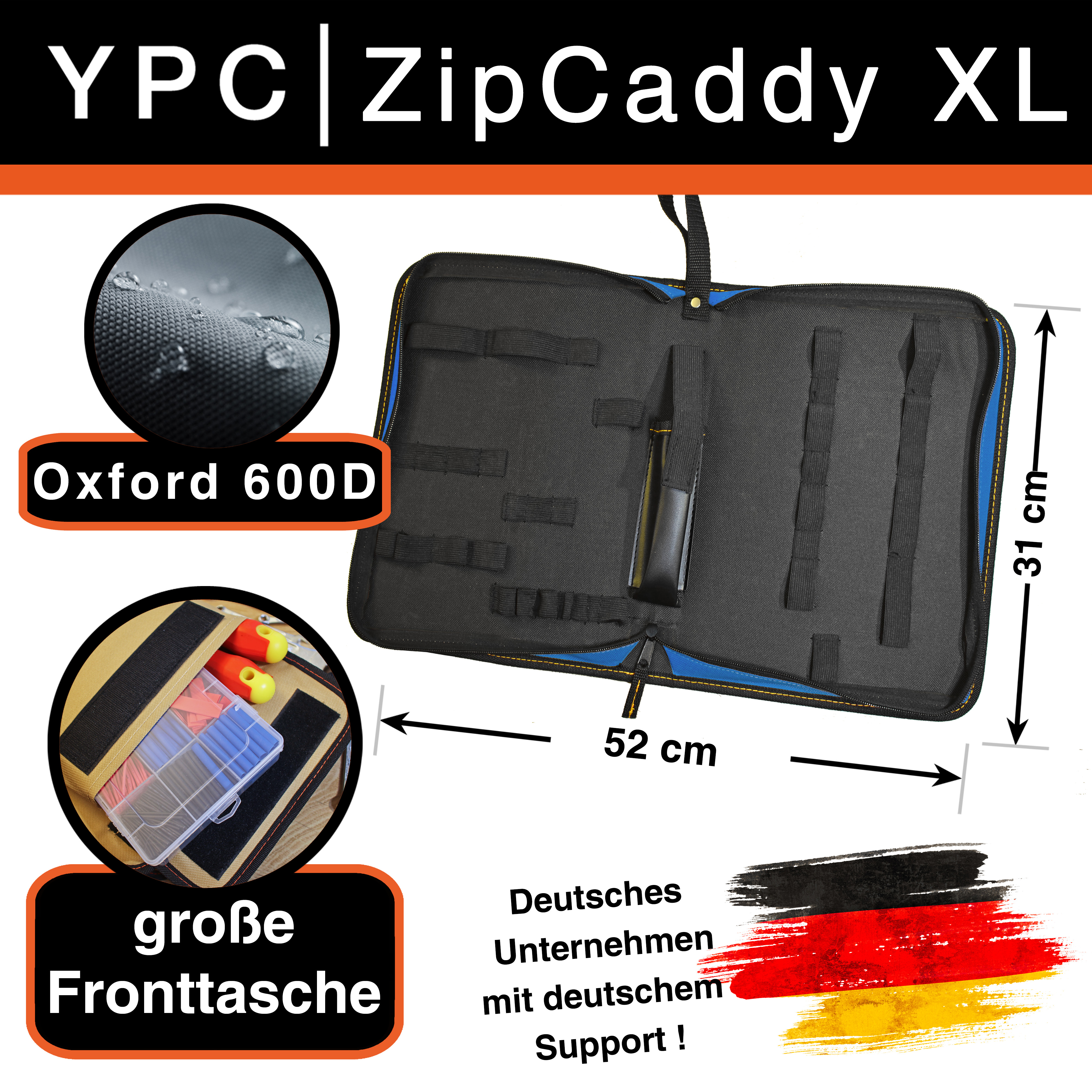 "ZipCaddy XL" Werkzeug Organizer 31x23x5cm, mit Außentasche und 34 Halteschlaufen, Blau-Schwarz