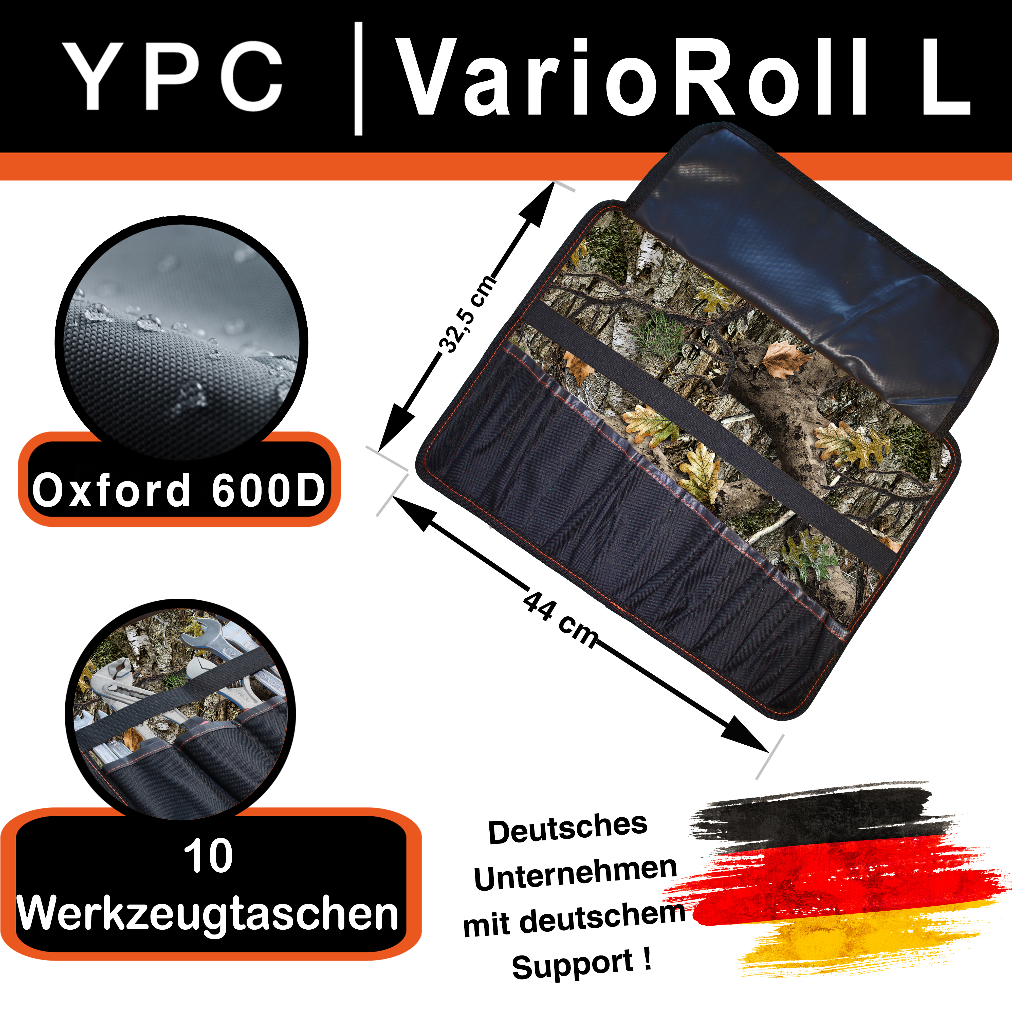 "VarioRoll L" Werkzeug Rolltasche 45x32cm, 10 Steckfächer und 4 Halteschlaufen, Camouflage-Schwarz