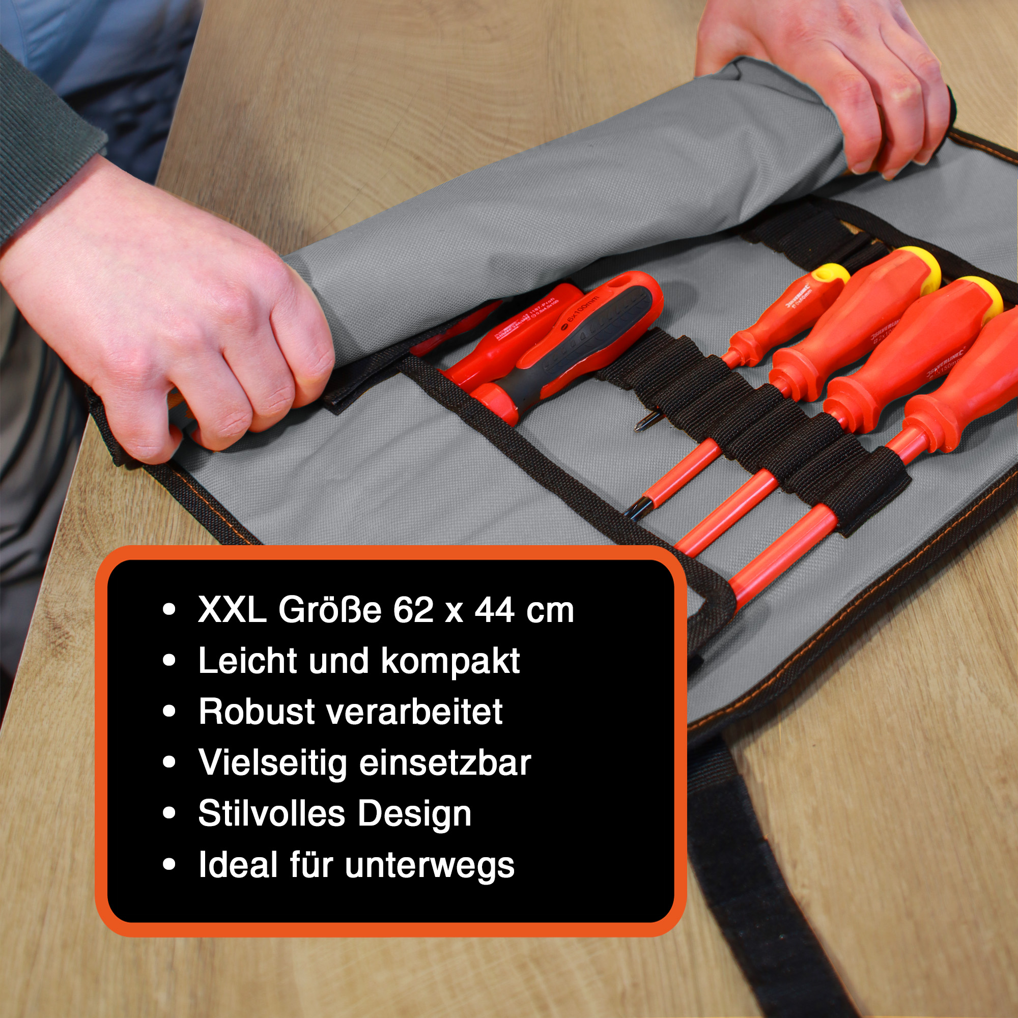 "VarioRoll XXL" Werkzeug Rolltasche 62x44cm, Netztasche und 60 Halteschlaufen, Grau-Schwarz