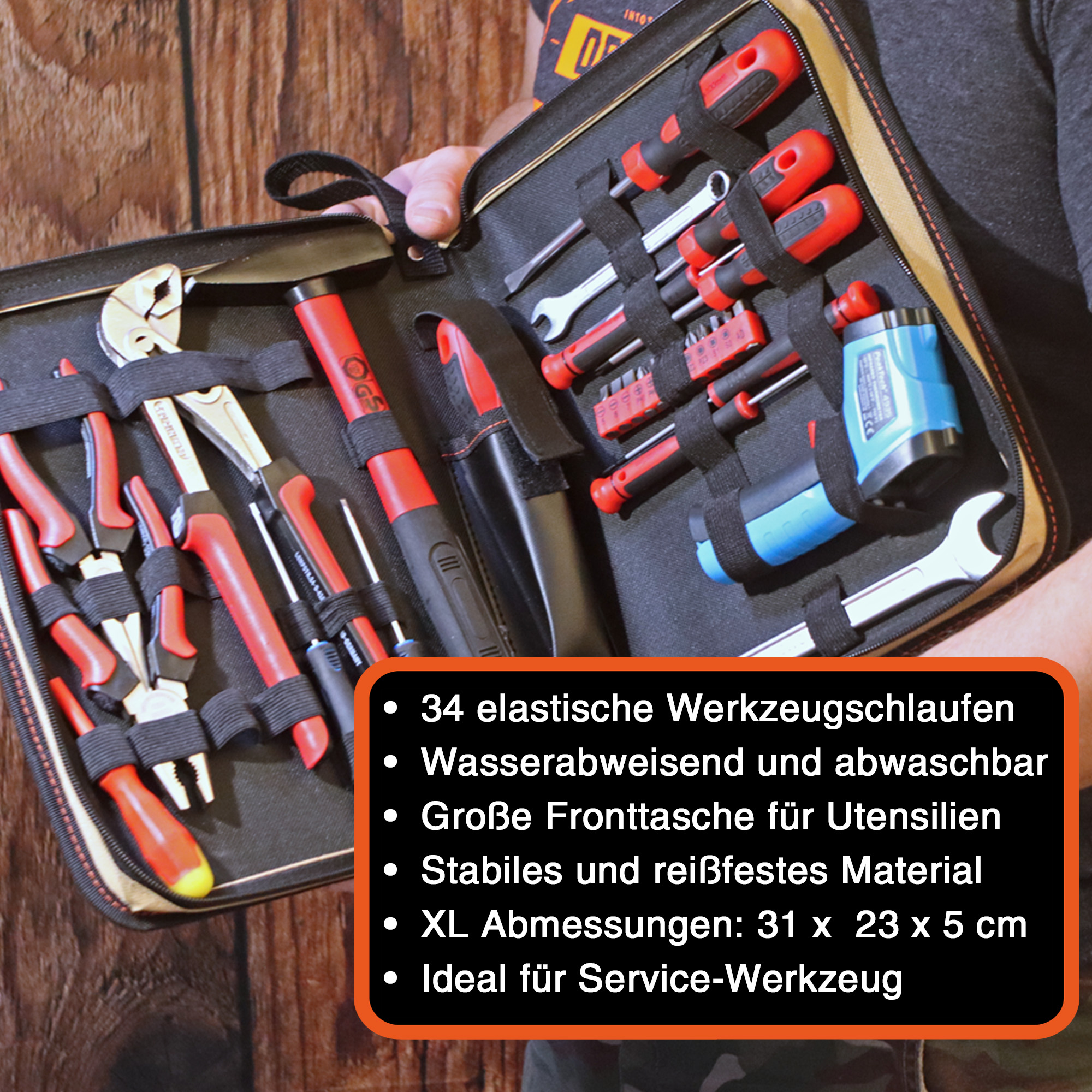 "ZipCaddy XL" Werkzeug Organizer 31x23x5cm, mit Außentasche und 34 Halteschlaufen, Sand-Schwarz