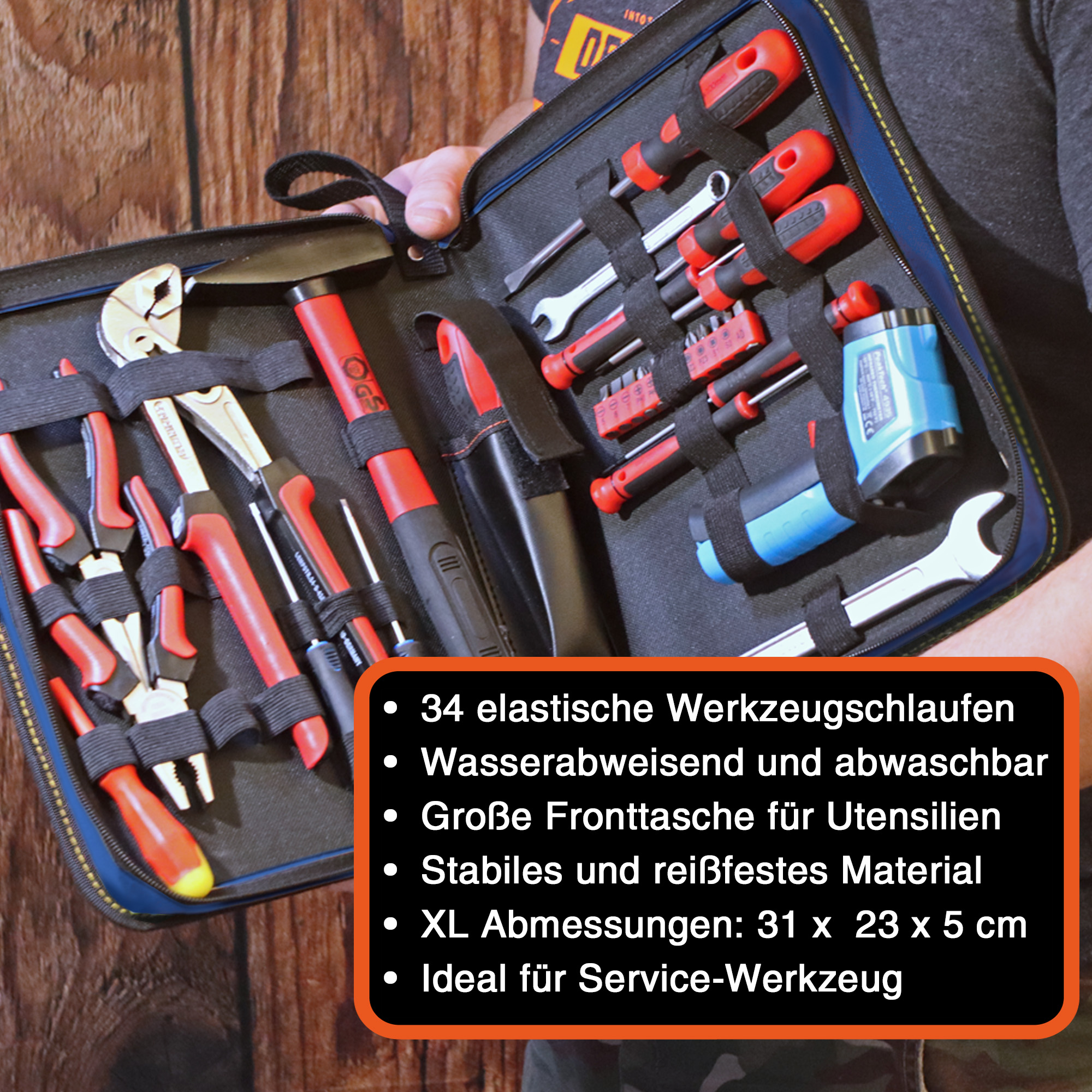 "ZipCaddy XL" Werkzeug Organizer 31x23x5cm, mit Außentasche und 34 Halteschlaufen, Blau-Schwarz