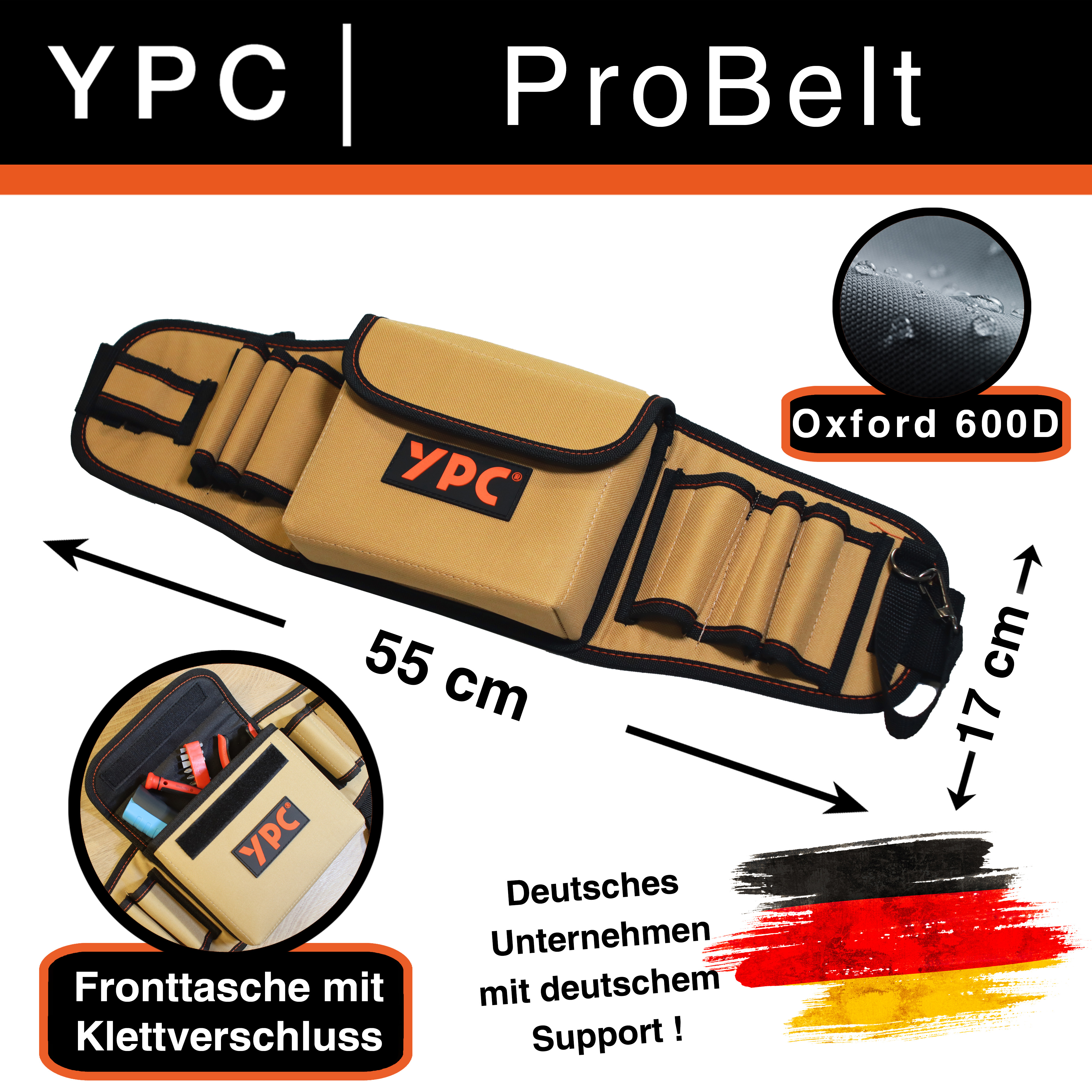 "ProBelt" tool belt 58x16cm, 130cm total, with pocket and 8 holding loops, sand-black