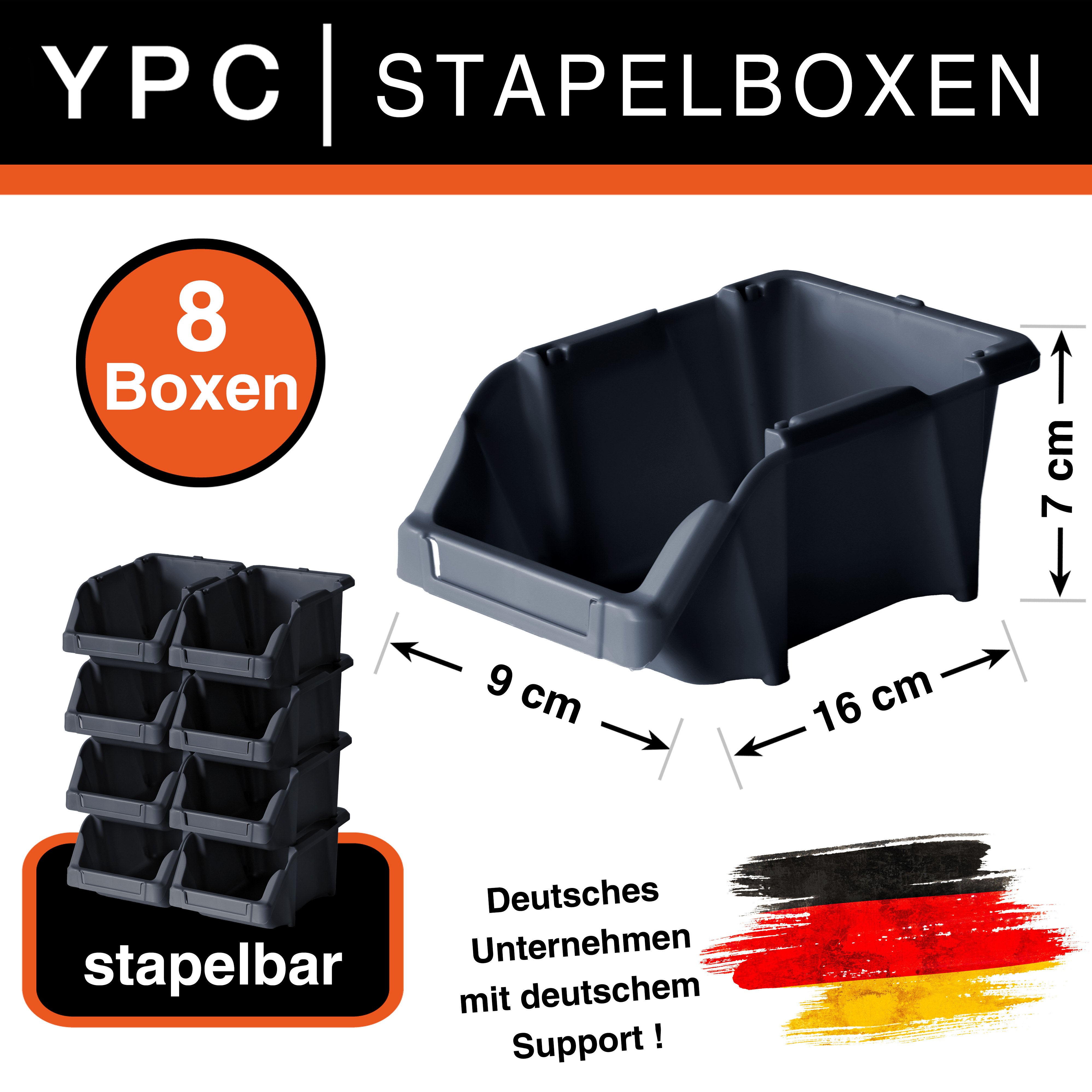 Stapelboxen-Set 8er Schwarz mit Halterung