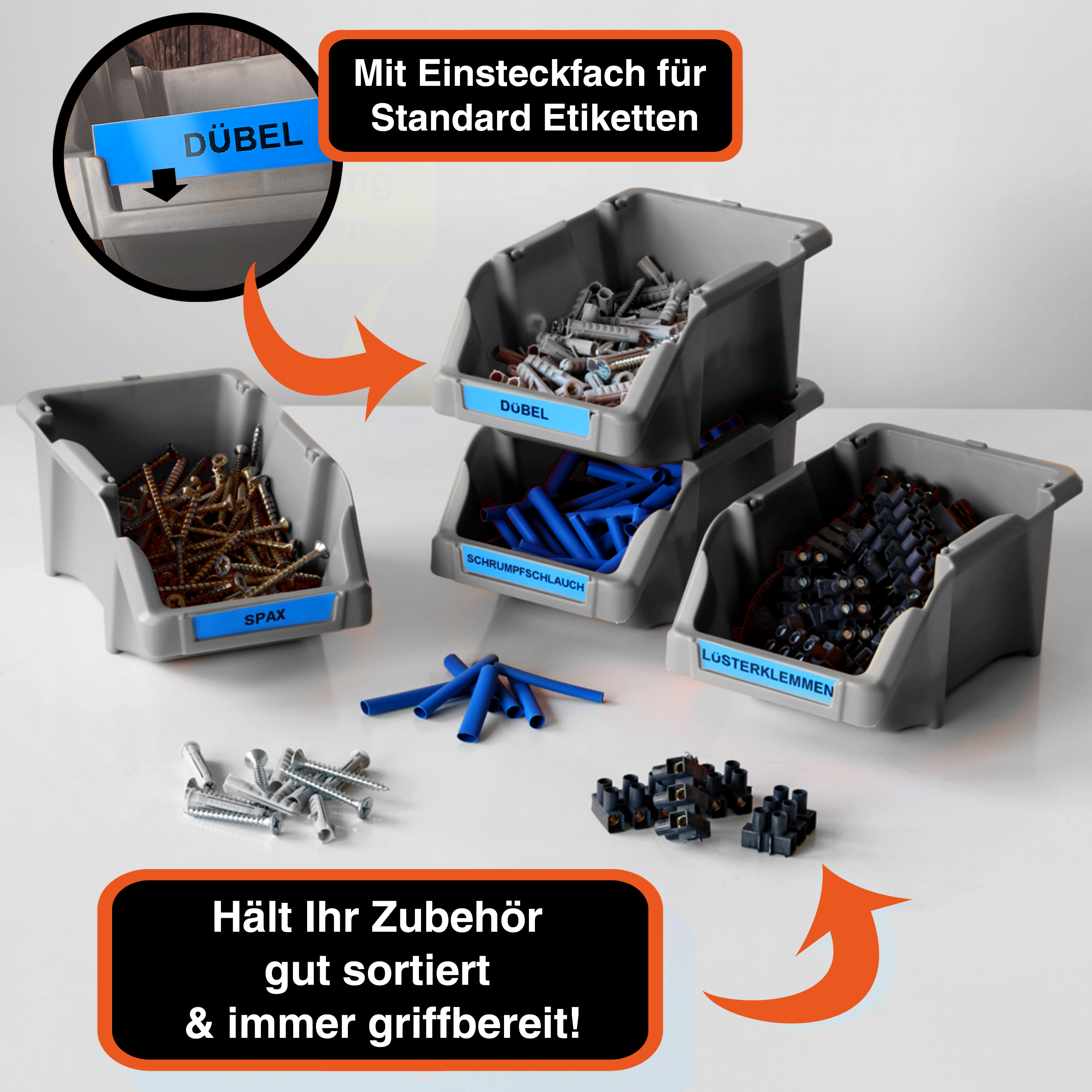 Stapelboxen-Set 8er Grau mit Halterung